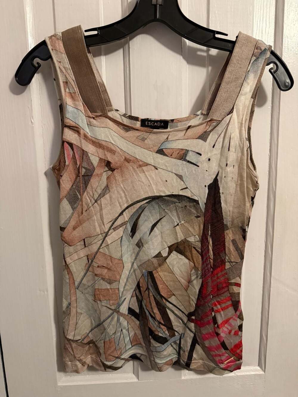 Escada Feather Brown Abstract Print Knit Sleeveless Socorro Blouse XS